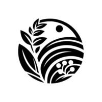 A stylized, minimalist black and white emblem within a circle, showcasing botanical elements like leaves, berries, and curved lines, creating a sense of organic harmony. vector