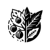 Stylized Black and White Illustration A botanical of leaves, berries, and branches enclosed in a circular shape. vector