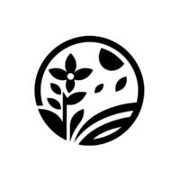 Monochromatic, stylized floral illustration within a circular frame, featuring a flower, leaves, a semicircle representing the sun, and stylized ground, conveying harmony and nature. vector