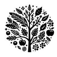 Stylized Black and White Tree of Life Circular Composition of Leaves, Apples, and Berries, a Minimalist Illustration. vector