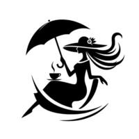 Silhouette of a woman in a sunhat, holding an umbrella and a coffee cup, enjoying a relaxing moment in a stylized, black and white , surrounded by abstract shapes. vector