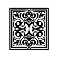 Intricate symmetrical monochrome floral in a square frame, featuring swirling shapes, stylized leaves, and elegant scrolls on a contrasting white background. vector
