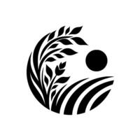 Stylized, minimalist featuring wheat stalks, a sun, and cultivated fields, rendered in black and white for a clean, modern aesthetic, symbolizing agriculture. vector