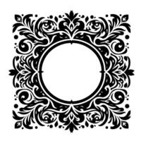 Intricate Black and White Floral Frame, Square Ornamental with a Circular Center, Elegant Monochrome Motif. vector