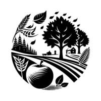 A black and white circular illustration depicting an idyllic farm scene with an apple, fields, trees, a farmhouse, and wheat stalks, evoking a sense of harvest season. vector