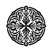 Intricate Black and White Circular Mandala with Floral and Geometric Elements, Displayed on a White Background, Illustrating Symmetry and Balance. vector