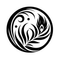 A symmetrical black and white tribalinspired , featuring stylized floral and curved elements within a circular frame, set against a plain white background. vector