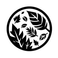 A minimalist black and white of various stylized leaves and foliage arranged within a circular frame, showcasing botanical diversity. vector