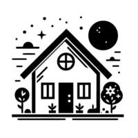 Black and White Illustration of a House with a Night Sky Featuring Stars, Moon, and Trees, in a Minimalist Style. vector