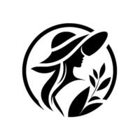 Silhouette of a woman in a widebrimmed hat, within a circle, with flowing hair and floral accents, in a minimalist black and white style. vector