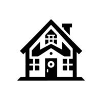 Simple black and white minimalist house , featuring a gable roof, chimney, centered door, and symmetrical window arrangements, isolated on a clean white background. vector