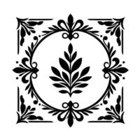 Intricate Black and White Floral Ornament Featuring a Central Foliage Motif and a Circular Frame, Set Against a White Background. vector