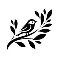 Elegant minimalist black and white illustration of a songbird perched on a leafy branch, showcasing natures serenity. vector