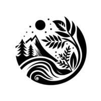 A minimalist black and white circular composition featuring mountains, trees, water, leaves, and a sun, representing natures balance. vector