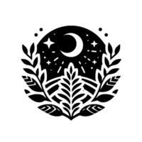 A stylized black and white illustration features a crescent moon, stars, and botanical elements within a circular frame, evoking a sense of peace and nature. vector