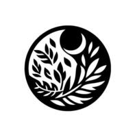 A monochrome circular emblem of leaves, a crescent moon and a full moon, embodying balance and harmony. vector