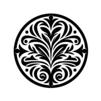 A symmetrical black and white circular , featuring intricate floral and leaf patterns, creating a visually balanced and ornamental composition on a white background. vector
