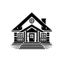 Minimalist Black and White Illustration of a Classic GableRoof House Featuring Porch, Steps, and Architectural Details, Symbolic of Home. vector
