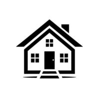 Minimalist Black and White House with Gabled Roof, Chimney, Windows, and Door on a Clean White Background, Illustrating Real Estate Simplicity. vector