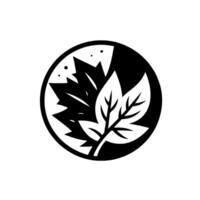 A stylized black and white circular emblem featuring two contrasting leaf shapes one a maple leaf, the other a more rounded leaf, both within a black background. vector