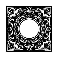 Intricate Black and White Floral Frame A Circular Center Surrounded by Ornate, Symmetrical Foliage within a Square Border. vector