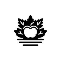 A stylized, black and white featuring an apple core shaped enveloped by a maple leaf silhouette, resting on three horizontal lines. vector