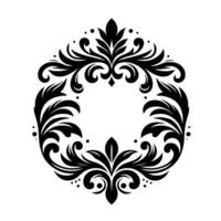 Intricate Black and White Ornamental Wreath A symmetrical floral featuring swirling leaves, elegant curls, and delicate embellishments, creating a sophisticated circular frame on a pristine wh vector