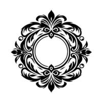 Intricate Black and White Floral Ornament A symmetrical, elegant featuring stylized leaves, curls, and a central circle for text or imagery, set against a clean, bright white background. vector