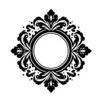 Elegant Black and White Floral Damask Frame, symmetrical, with a central empty circular space for text or , isolated on a clean white background. vector