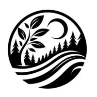 Black and white circular minimalist featuring a stylized tree, pine forest, wavy lines, and a crescent moon representing nature. vector