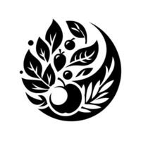 Intricate Black and White Mandala of Apple, Berries, and Leaves in Circular Composition, Evoking Natures Harmony. vector