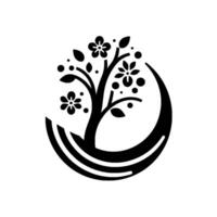 Minimalist Black and White Tree Silhouette Within a Crescent Moon, Symbolizing Growth and Tranquility. vector