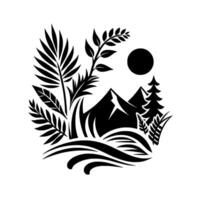 A stylized black and white illustration depicts a mountain scene with a sun, trees, and foliage creating a harmonious landscape . vector