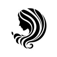 Elegant Silhouette of a Womans Profile with Flowing, Striped Hair, Accented by a Decorative Curl and Leaf Elements, Against a Pure White Background. vector