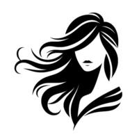 A minimalist black and white portrait of a woman with flowing, windswept hair, evoking elegance and motion against a plain white background. The style is clean and . vector