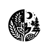 A stylized black and white circular illustration depicting the duality of nature with a daynight theme, featuring flora and celestial elements. vector