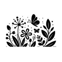 A stylized black and white illustration featuring a whimsical garden scene with flowers, leaves, butterflies, and dots, creating a sense of simplicity and natures charm. vector