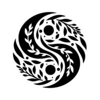 A stylized Yin and Yang symbol, comprised of flowing black shapes and intricate leaf details, embodying harmony and balance, with a minimalist aesthetic. vector