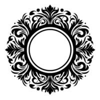 Intricate Black and White Circular Floral with a Central Empty Circle, Featuring Ornate Swirls and Leafy Motifs on a Solid White Background. vector
