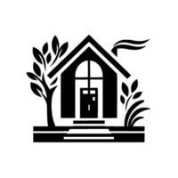 A stark monochrome of a house with stylized trees and smoke, evoking simplicity and a sense of home, suitable for real estate. vector