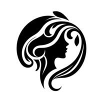 Elegant Silhouette of a Womans Profile Adorned with Flowing Hair and Botanical Accents in a Circular Composition. vector