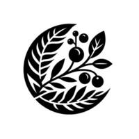 Serene Black and White Circular Botanical Composition Leaves, Berries, and Elegant Line Art . vector