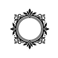 Ornate, symmetrical black floral frame with a circular center on a white background, perfect for elegant invitations or logos. vector
