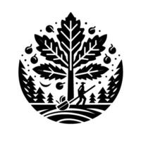 Black and white circular emblem depicting a tree, farmer, and harvest elements, with a minimalist and iconic style. vector