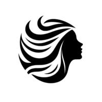 Silhouette of a womans face with flowing hair, forming a circular in bold black against a clean white background, evoking elegance. vector