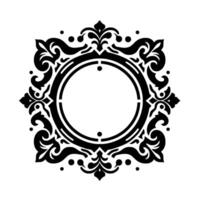 Ornate Circular Frame in Black on White A symmetrical of swirling patterns, flourishes, and dot accents encasing a central empty circle. vector