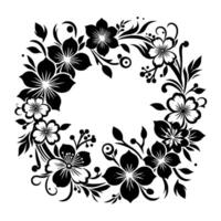 Intricate Black White Floral Frame A symmetrical arrangement of stylized flowers, leaves, and details creating an elegant circular against a plain white background. vector