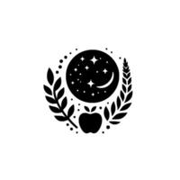 A stylized black and white featuring a celestial orb with stars and a crescent moon, surrounded by laurel branches, and an apple. vector