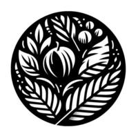 Intricate Black and White Circular Composition of Stylized Leaves, Berries, and a Central Pumpkinlike Fruit in a Minimalist . vector