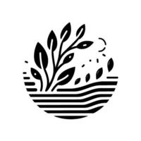 Minimalist Black and White Illustration of a Plant Growing in a Stylized Bowllike Structure, Featuring a Crescent Moon and Floating Elements. vector